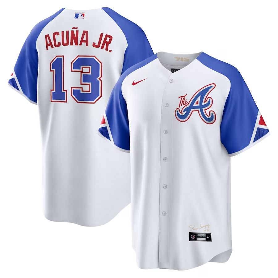 Men Atlanta Braves 13 Ronald Acuna Jr Nike White 2023 City Connect Replica Player MLB Jersey